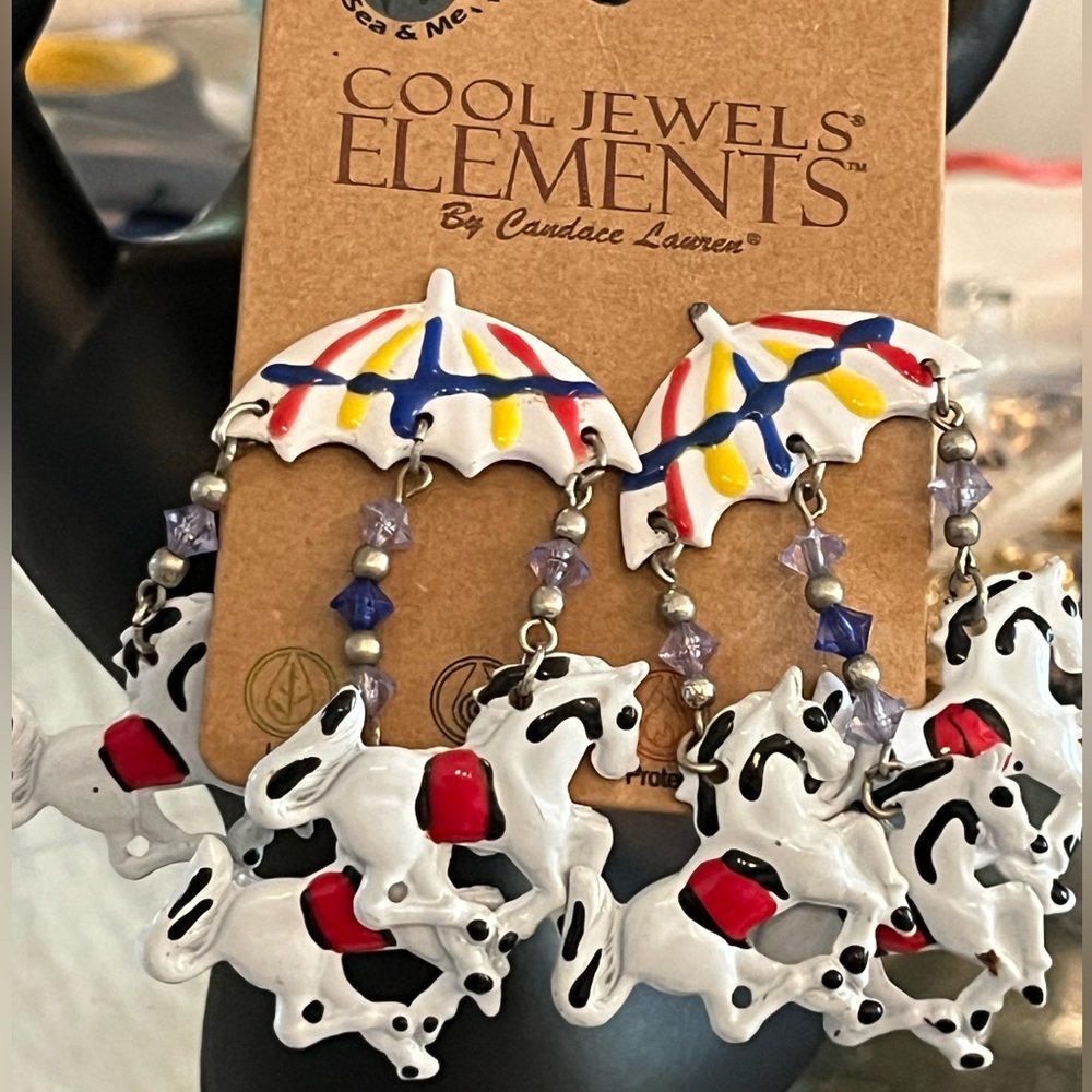 3 pairs of earrings metal carrousel hand painted nwt 1 silver hoops, 1 crystal